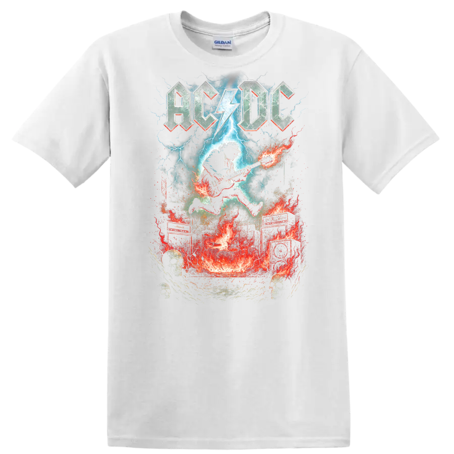 AC DC Retro Rock Lightning Guitar Heavy Metal T Shirt - White