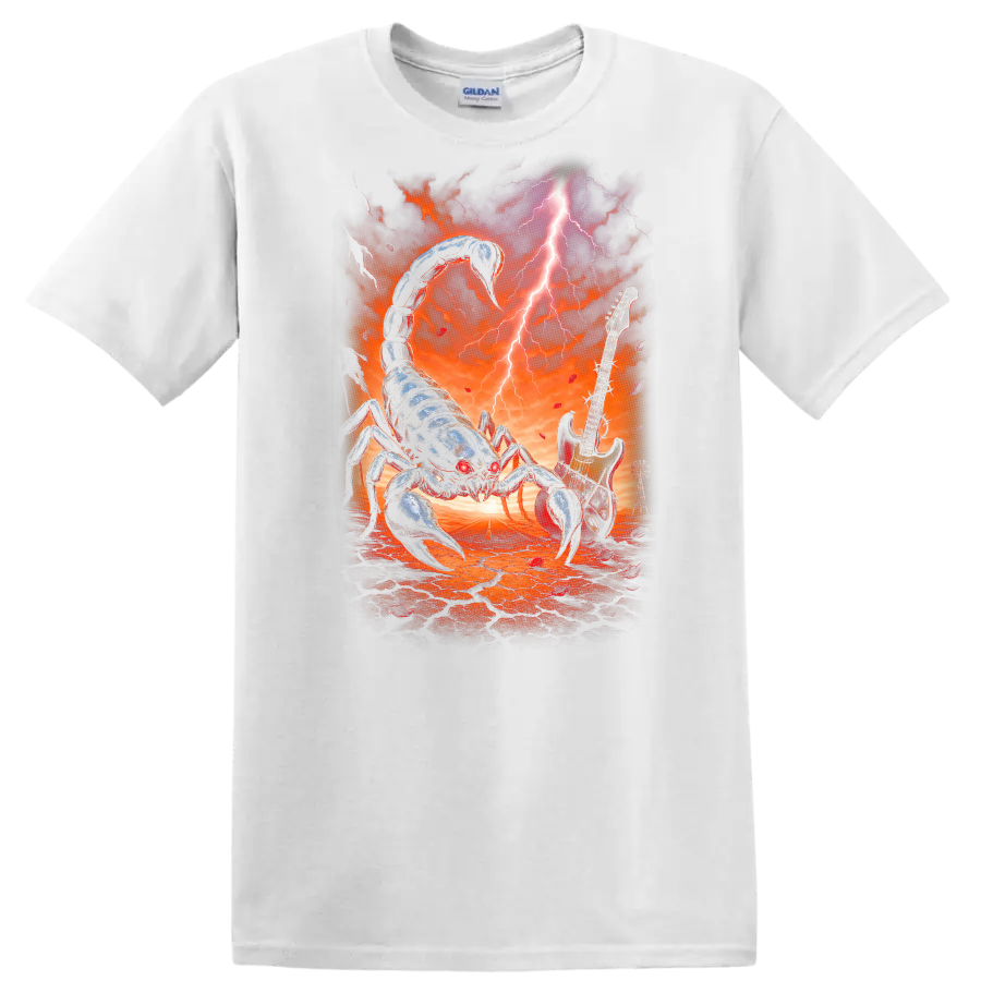 Heavy Metal Scorpion Guitar Retro Rock Band Album Art T Shirt - White
