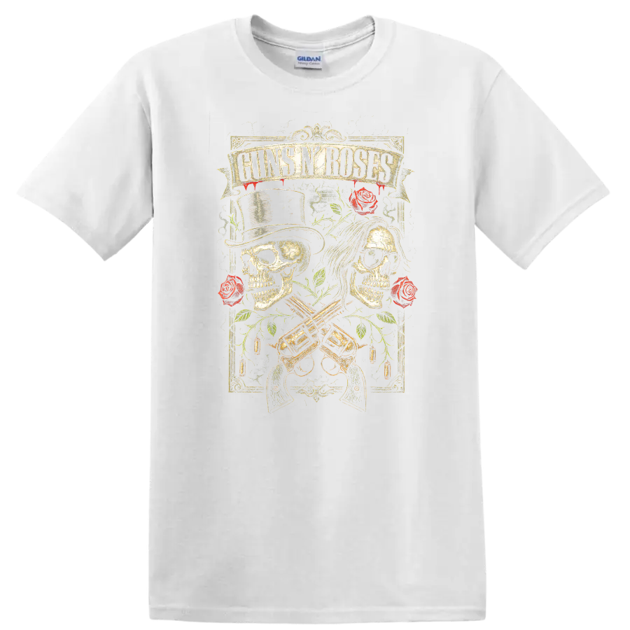 Guns N’ Roses Retro Heavy Metal Skull Roses T Shirt - White