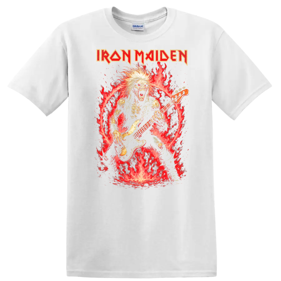 Iron Maiden Heavy Metal Album Cover Flame Bassist T Shirt - White
