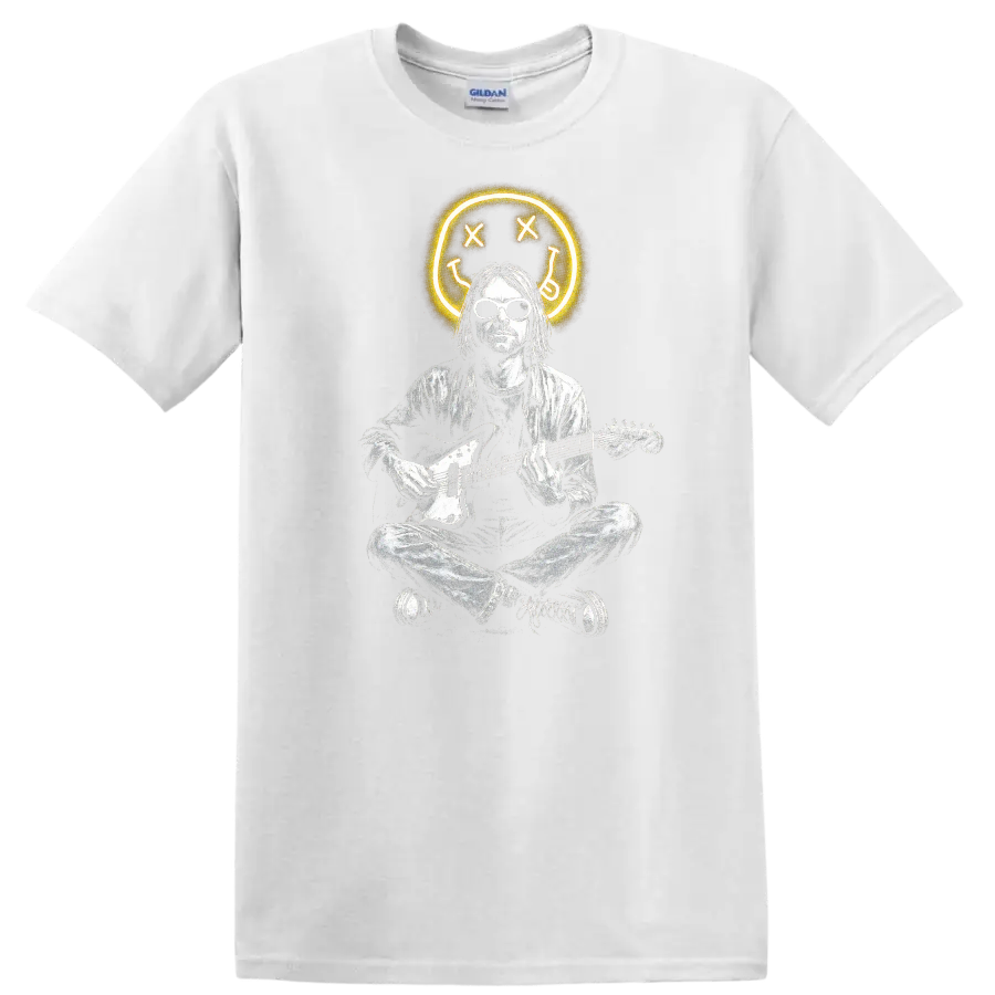 Retro Rock Heavy Metal Nirvana Style Guitar Player T Shirt - White