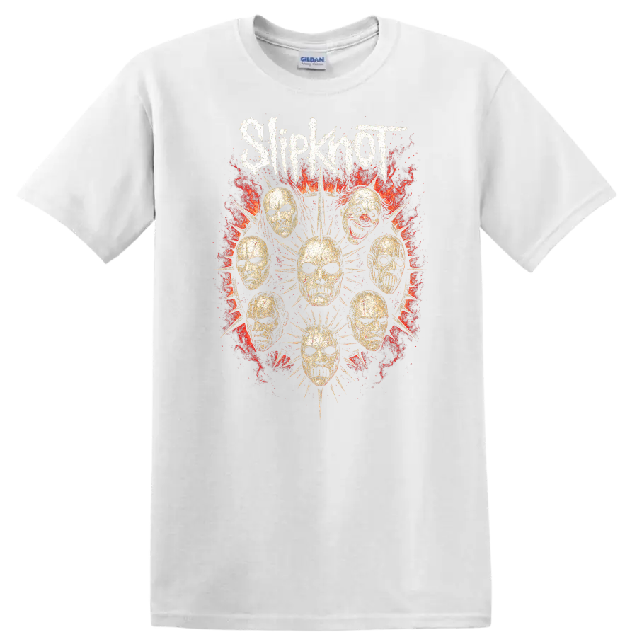 Retro Metal Skull Masks Heavy Rock Album Art T Shirt - White
