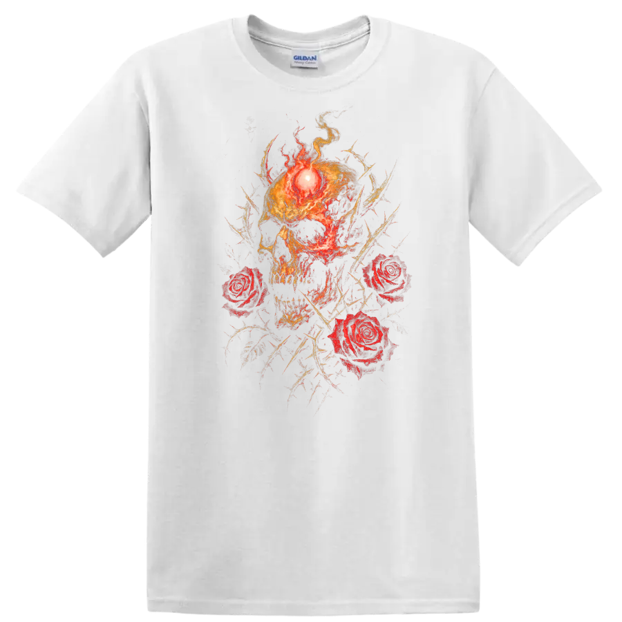 Retro Heavy Metal Skull Roses Fire T Shirt Dark Rock Band Cover Style - White