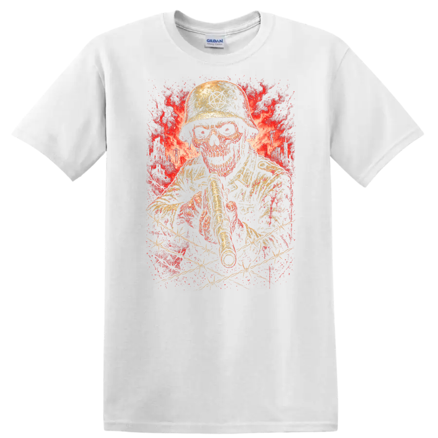 Retro Heavy Metal Skull Soldier Helmet T Shirt Red Explosion Graphic - White