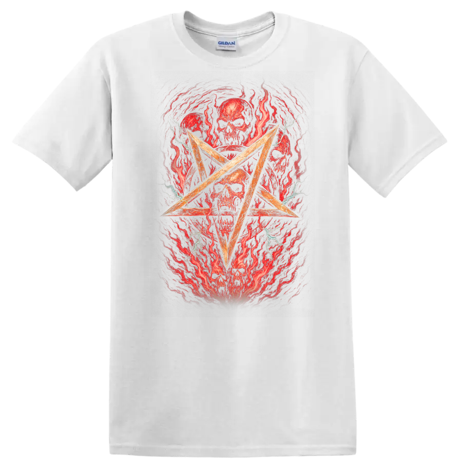 Retro Heavy Metal Skull Pentagram Album Cover Style T Shirt - White