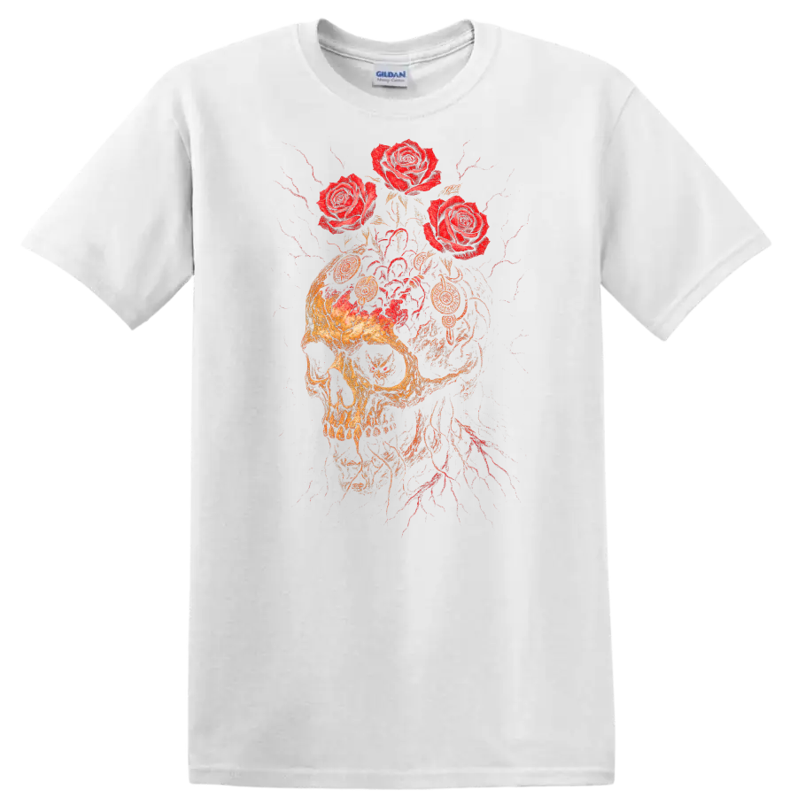 Retro Rock Skull and Roses Heavy Metal Graphic T Shirt - White