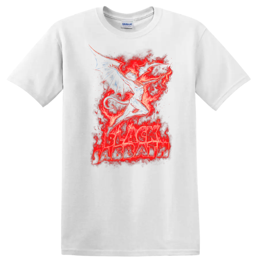 Black Sabbath Retro Heavy Metal Dragon Flames Album Cover T Shirt - White