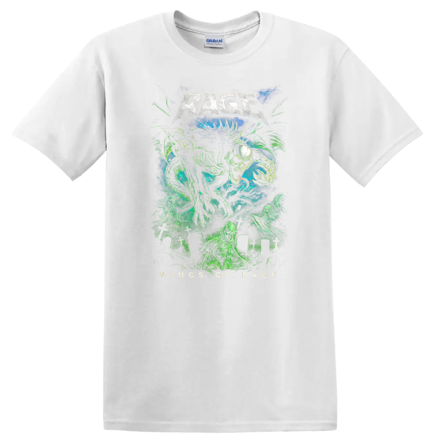 Rage Heavy Metal Album Cover Style Graphic T Shirt for Rock Fans - White