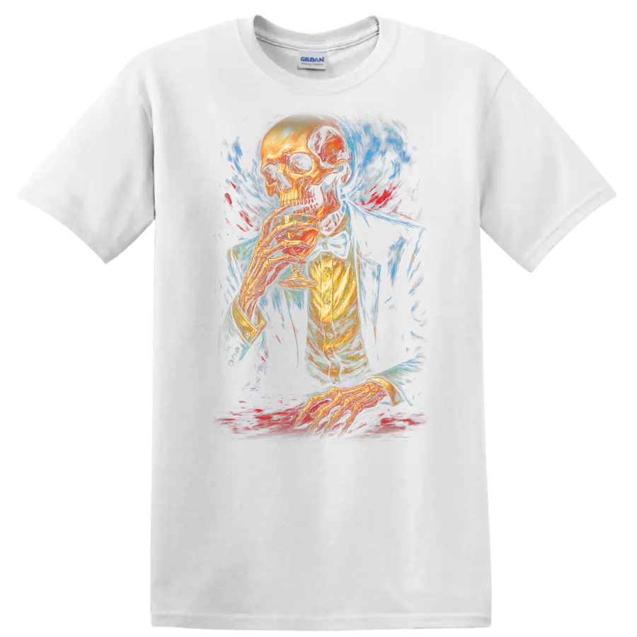 Vintage gothic skeleton in formal attire holding a drink amid blue and red painterly on a White T Shirt