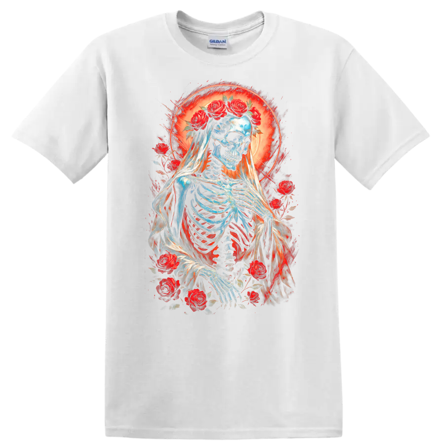 Vintage gothic skeleton bride in a veil with red roses and glowing red halo on a White T Shirt