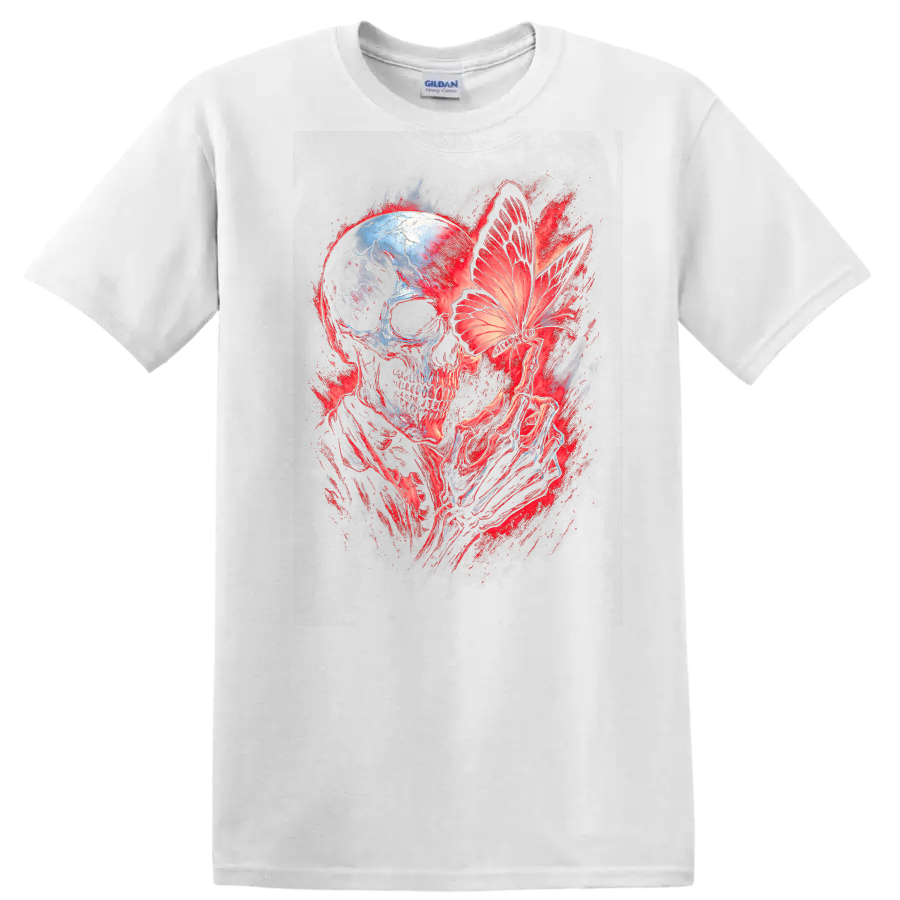 Gothic skull with skeletal hands holding a butterfly in red and blue dark art on a White T Shirt