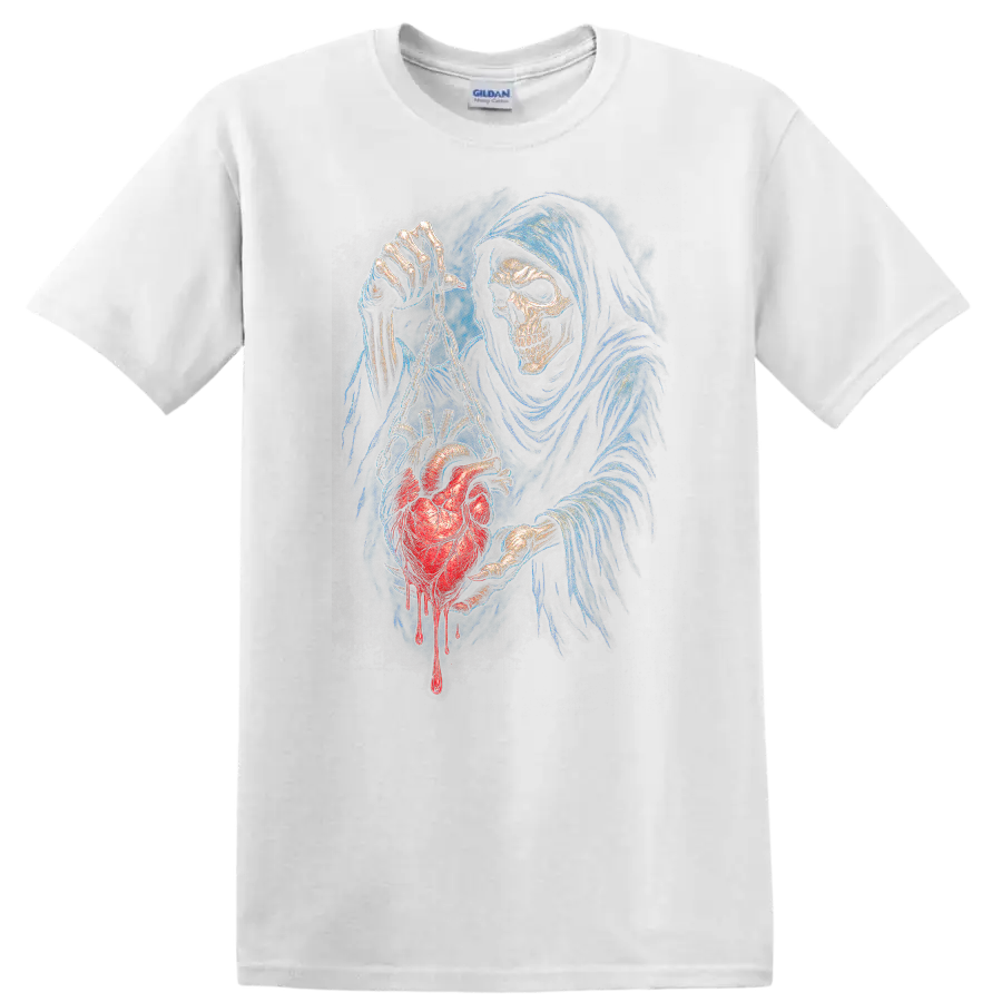 Grim Reaper skull holding a chained bleeding heart in detailed gothic horror art on a White T Shirt