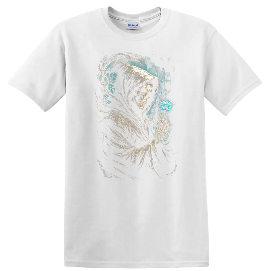 Hooded Grim Reaper skull holding blue flower in vintage gothic dark art on a White T Shirt