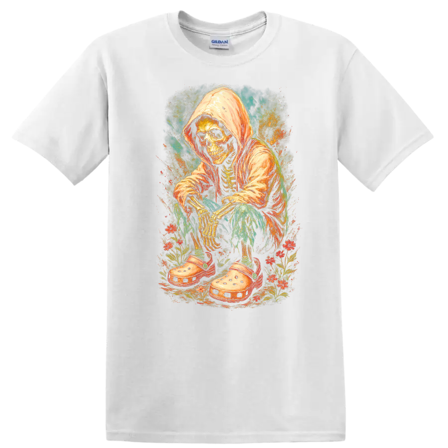 Vintage hooded skeleton in oversized clogs surrounded by colorful flowers on a White T Shirt