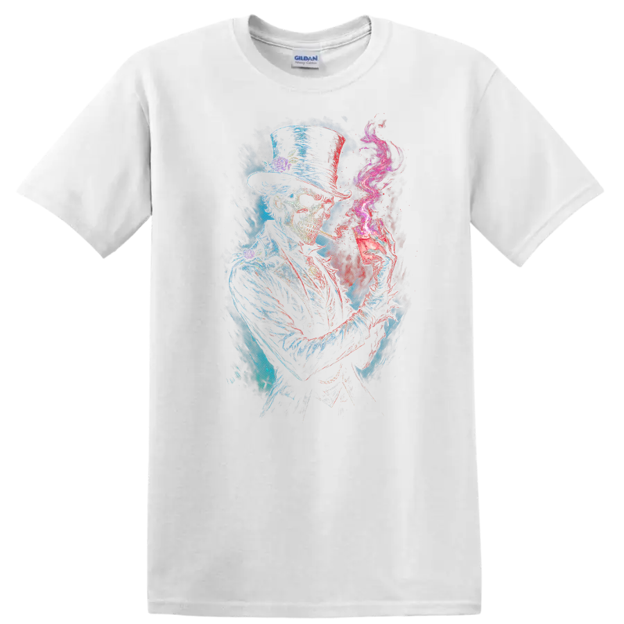 Gothic top-hat skeleton with cocktail glass, magenta smoke, and distressed skull art on a White T Shirt