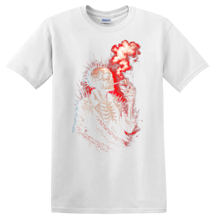 Spiked punk skeleton raising a cocktail amid red smoke in distressed gothic art on a White T Shirt