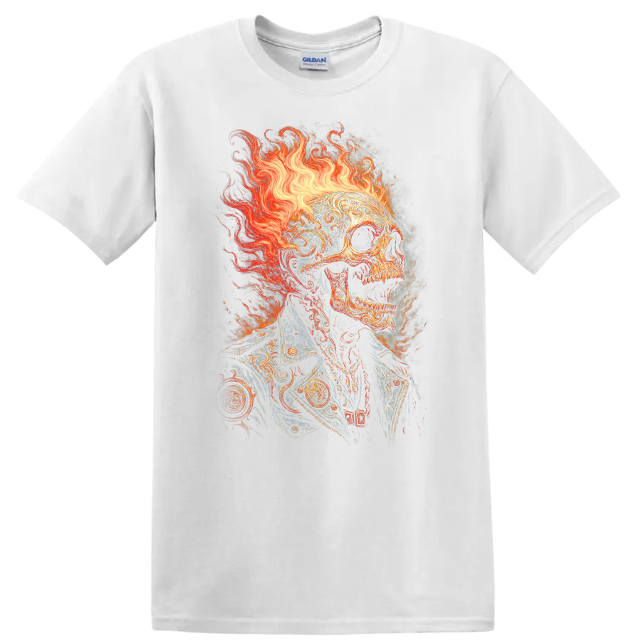 Flaming skull in ornate vintage jacket with gothic fire illustration on a White T Shirt