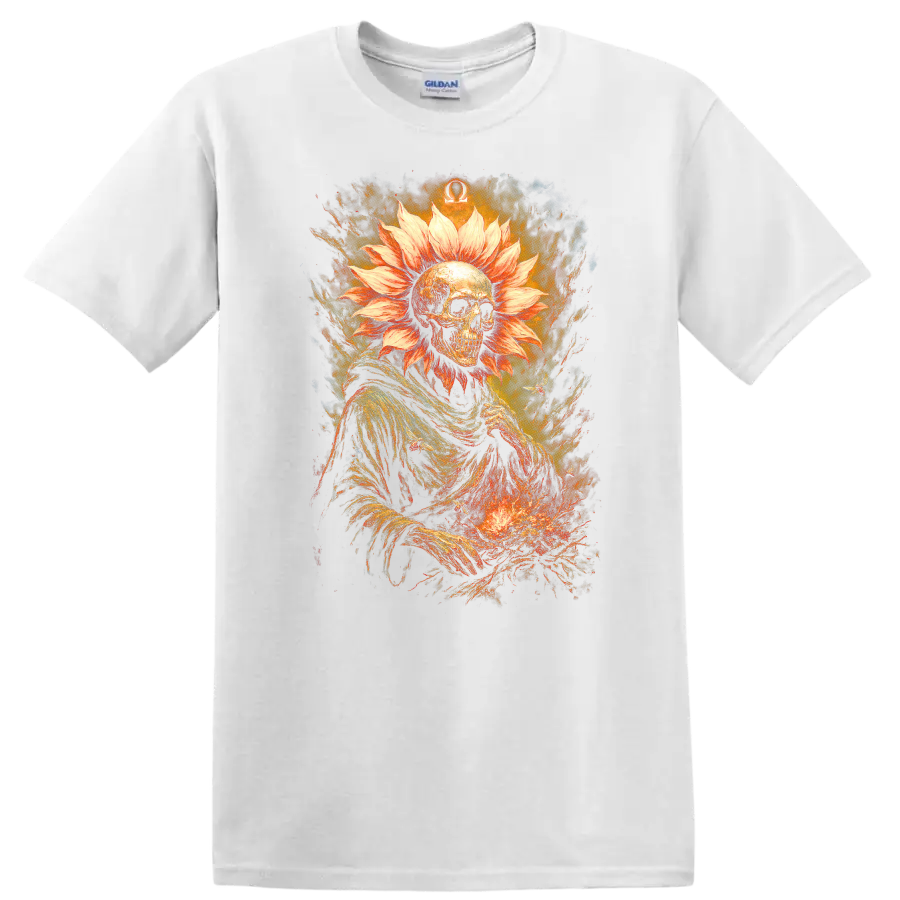 Gothic skeleton with flower-petal halo, fiery textures, and Omega symbol on a White T Shirt