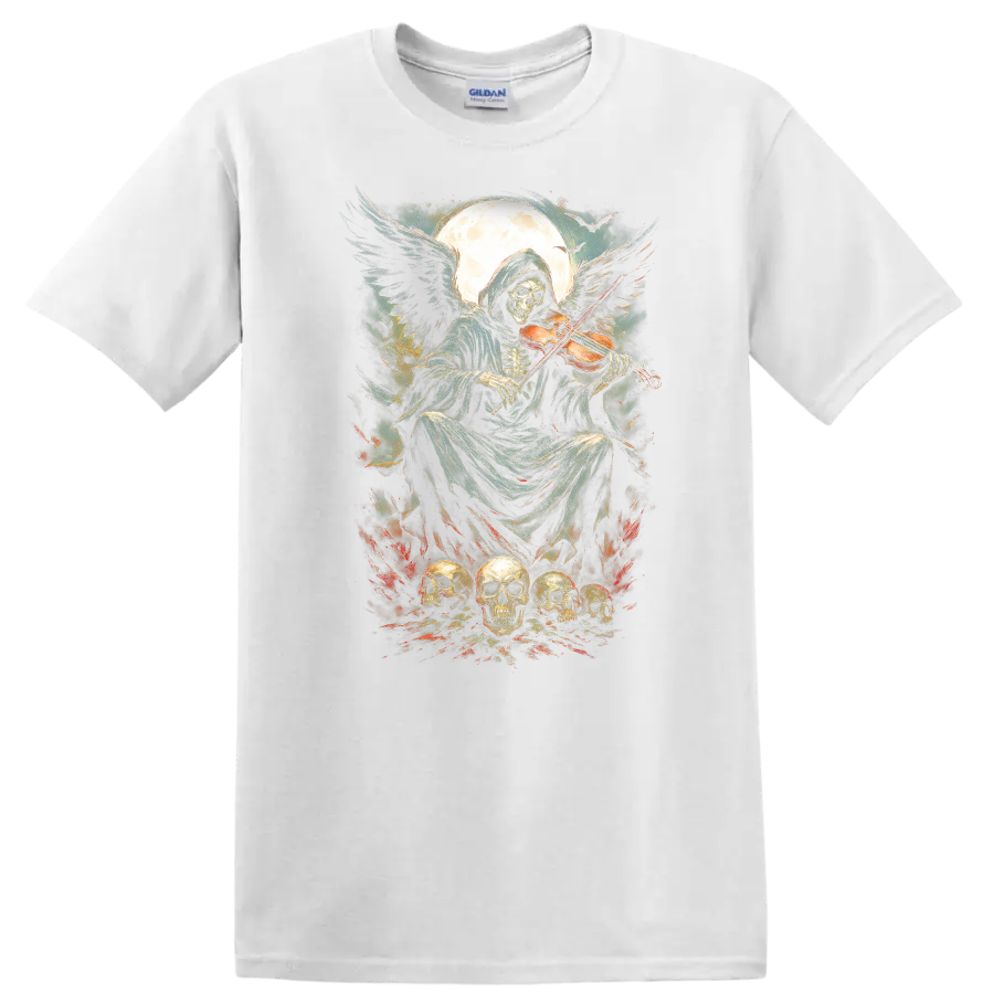 Vintage gothic Grim Reaper playing violin beneath moon with skulls and fiery accents on a White T Shirt