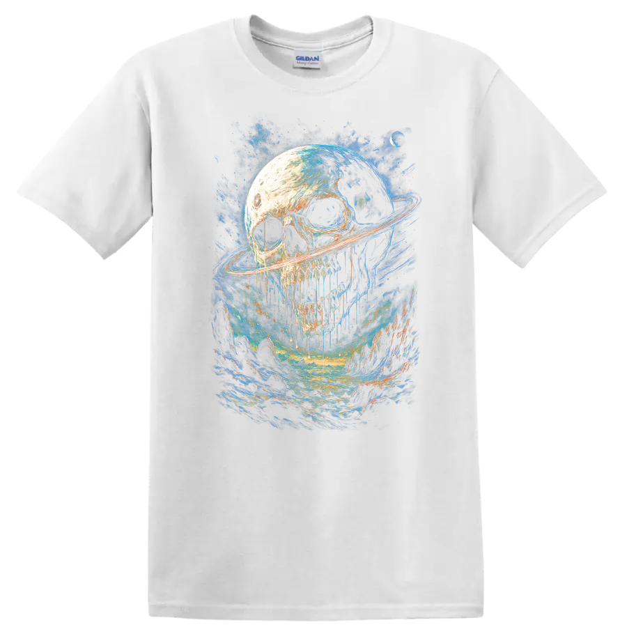 Gothic skull with Saturn-like ring in a vivid blue cosmic landscape on a White T Shirt