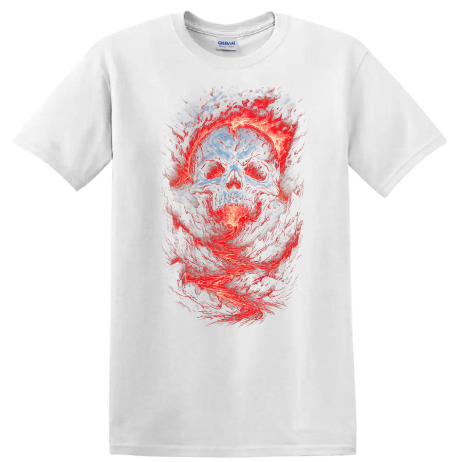 Distressed blue skull surrounded by swirling red flames in gothic horror art on a White T Shirt