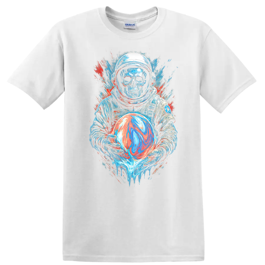 Gothic skull astronaut holding a swirling orb in neon space splatter art on a White T Shirt