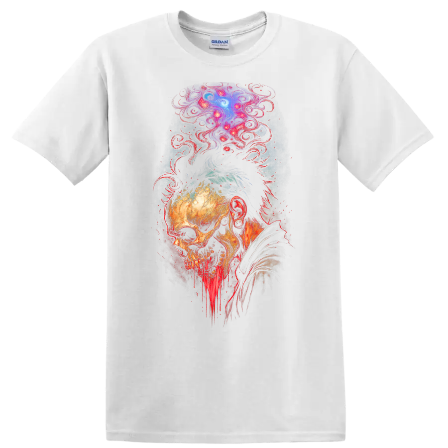 Decaying skull with dripping jaw and psychedelic cosmic smoke in gothic horror art on a White T Shirt