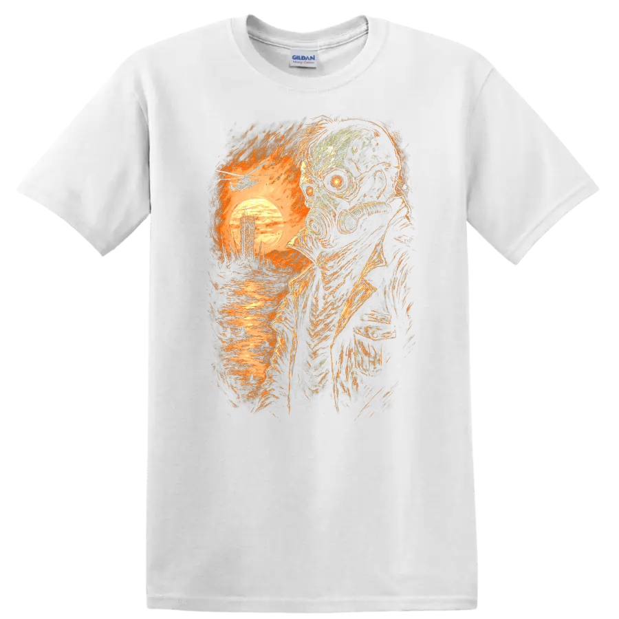 Distressed gothic gas mask skull survivor with fiery sunset and ruined landscape on a White T Shirt