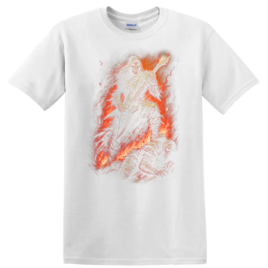 Hooded skeleton guitarist in flames, distressed vintage gothic rock artwork on a White T Shirt