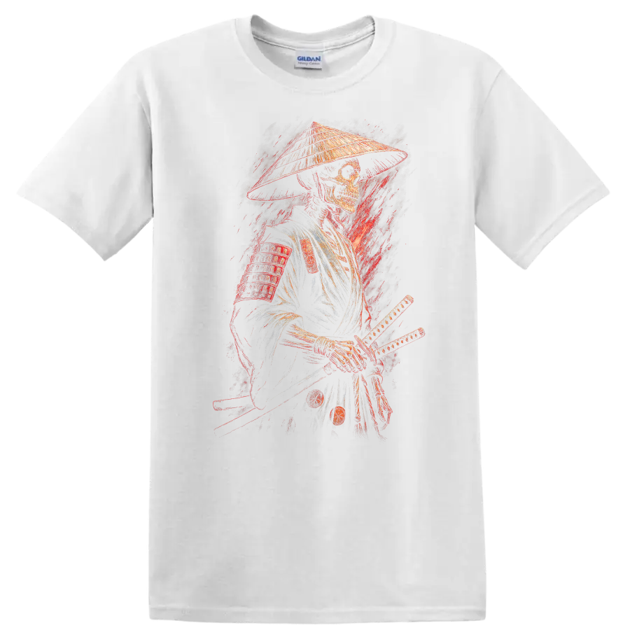 Vintage gothic samurai skeleton warrior in armor with conical hat and swords on a White T Shirt