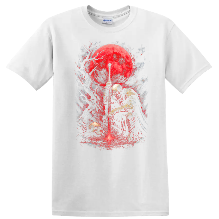 Armored skeletal knight with sword, skulls, and crimson moon in gothic fantasy art on a White T Shirt