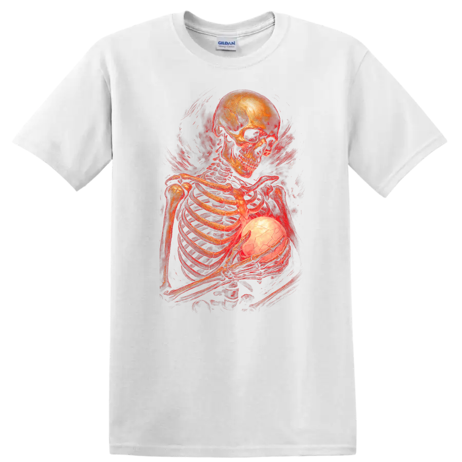 Gothic skeleton holding a glowing cracked orb in red vintage horror art on a White T Shirt