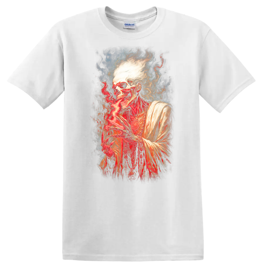 Gothic robed skeleton conjuring red flame in a detailed dark fantasy illustration on a White T Shirt