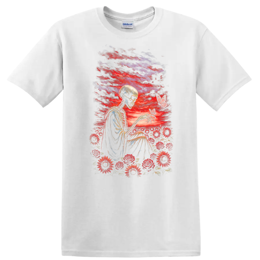 Vintage-style skeleton with red roses, flowers, butterflies, and a dramatic sky on a White T Shirt