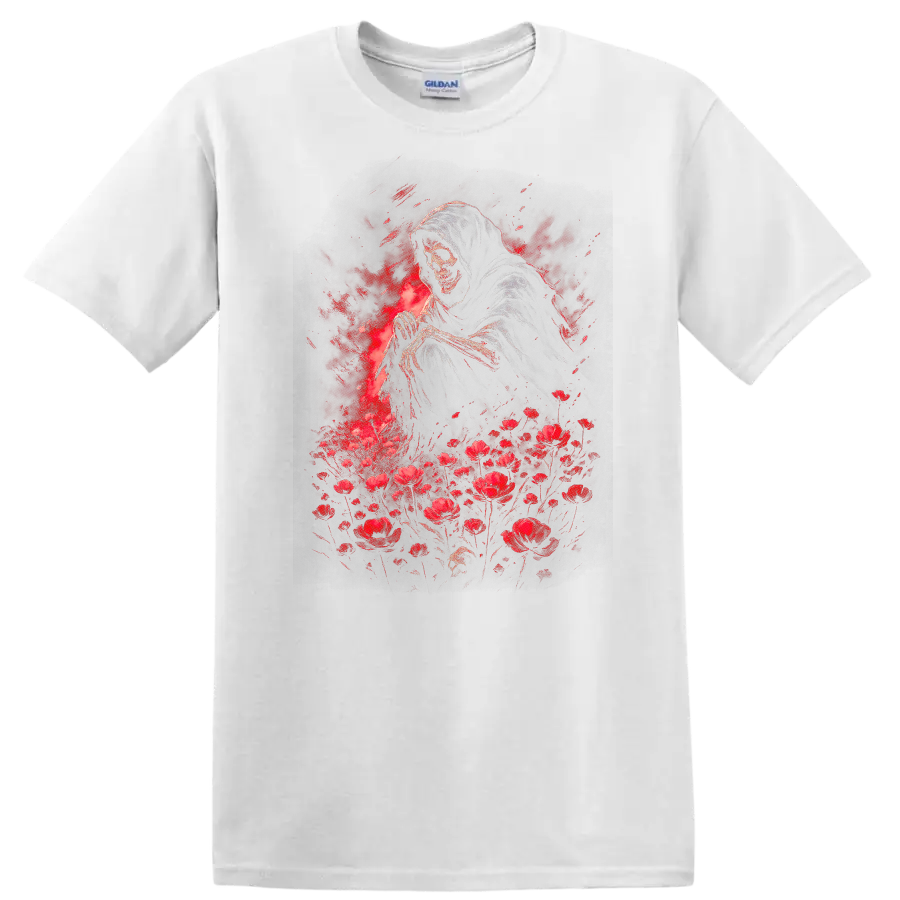 Hooded grim reaper skull with red flowers in distressed gothic illustration on a White T Shirt