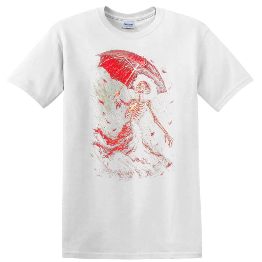 Vintage Gothic skeleton walking in rain beneath a red umbrella on a White T Shirt