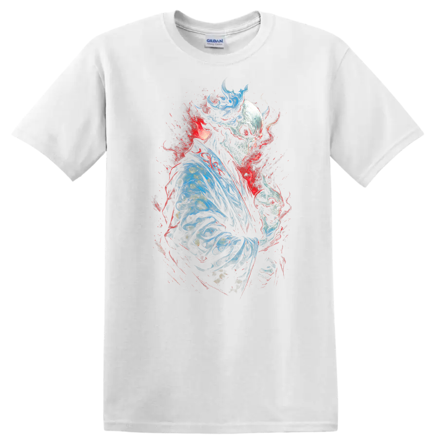 Crowned skeleton in blue robes holding a skull amid red and blue gothic splatter on a White T Shirt