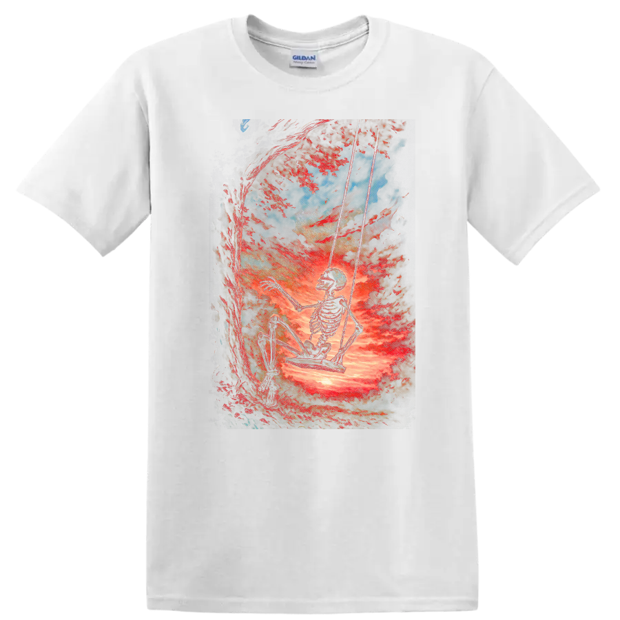Vintage skeleton swinging beneath red trees in surreal gothic forest art on a White T Shirt