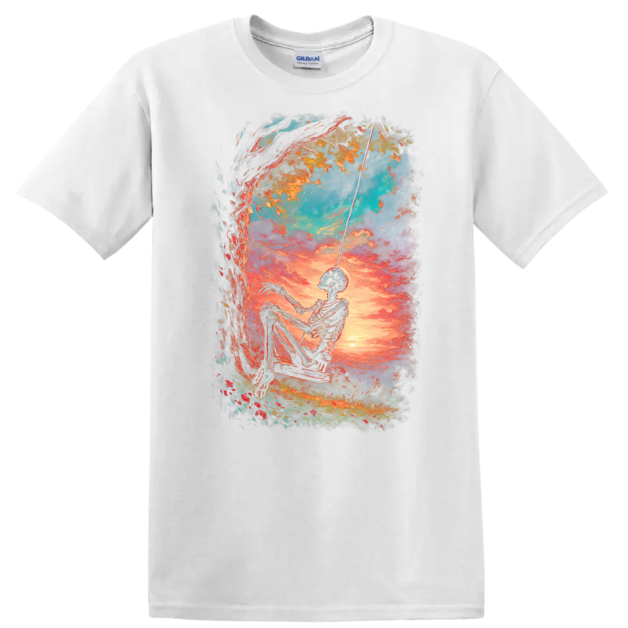 Vintage gothic skeleton on a swing beneath a tree at a vivid sunset on a White T Shirt