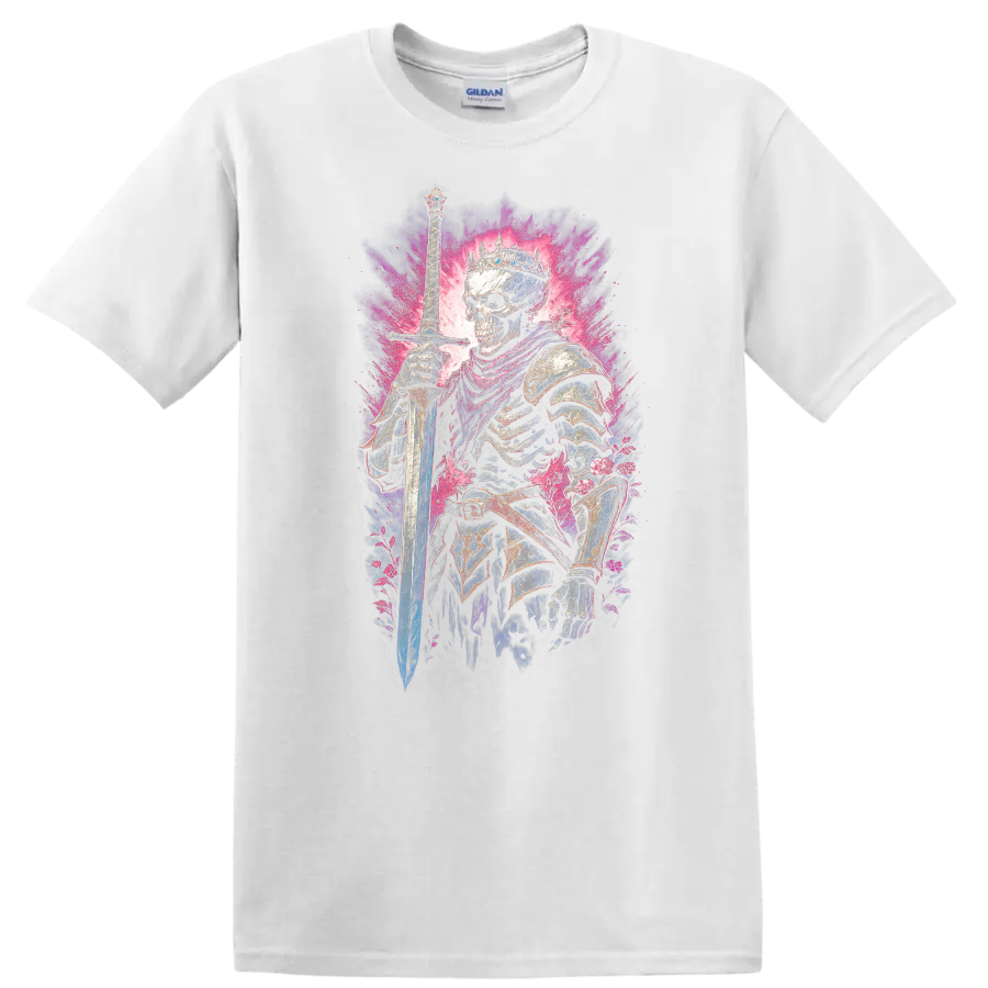 Crowned skeleton warrior with sword, ornate armor, and vivid floral gothic artwork on a White T Shirt