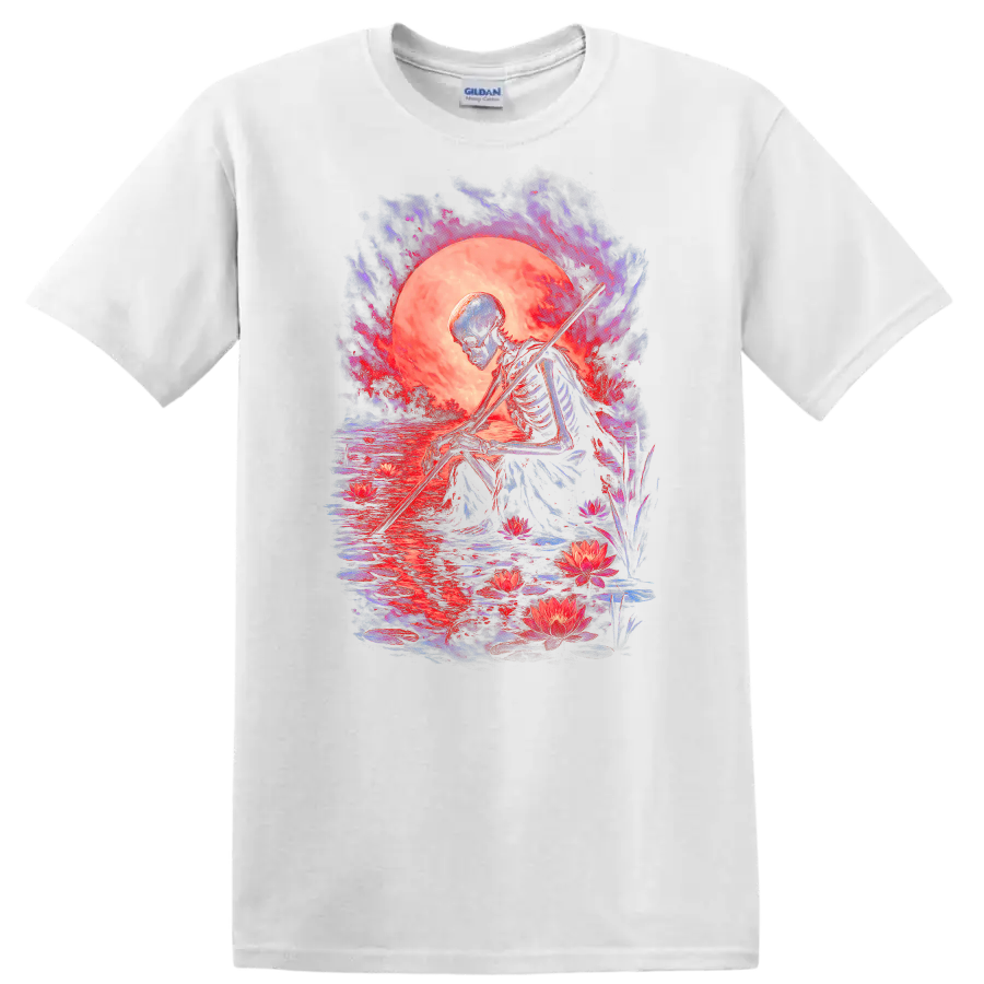 Moonlit skeleton with staff, lotus flowers, reflective water, and gothic full moon art on a White T Shirt