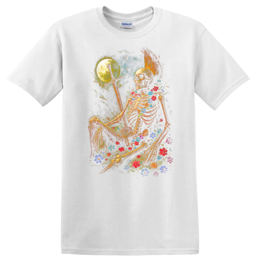 Moonlit floral skeleton holding a sword in a gothic flower-filled night scene on a White T Shirt