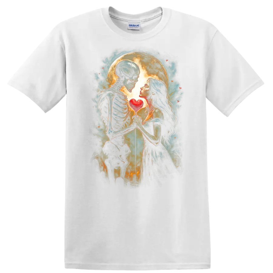 Romantic skeleton and woman holding a heart beneath a full moon in gothic art on a White T Shirt
