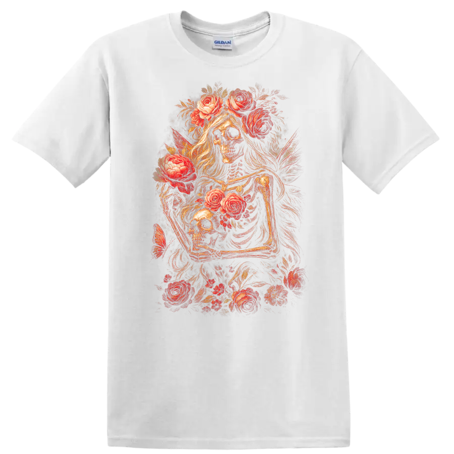 Vintage gothic skeletal figures and skulls surrounded by red roses and foliage on a White T Shirt
