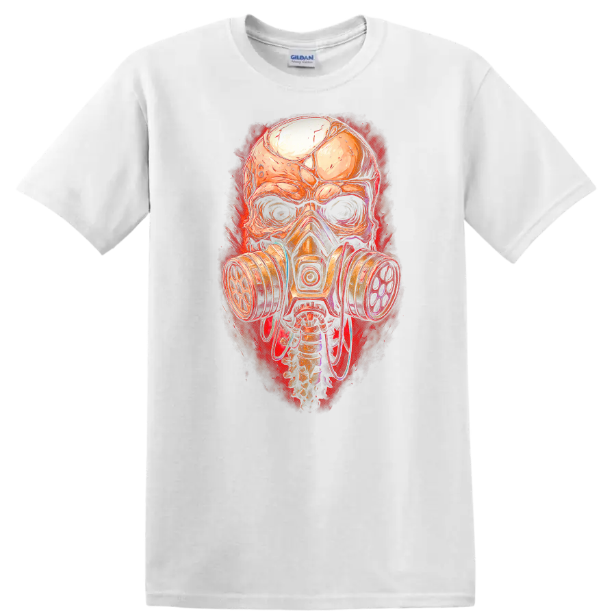 Gothic illustrated skull wearing a gas mask with distressed red horror-art backdrop on a White T Shirt