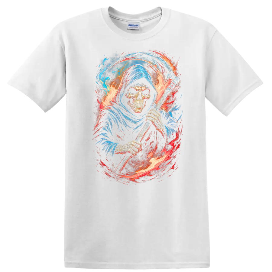 Hooded Grim Reaper skeleton with scythe, swirling flames, and blue gothic artwork on a White T Shirt