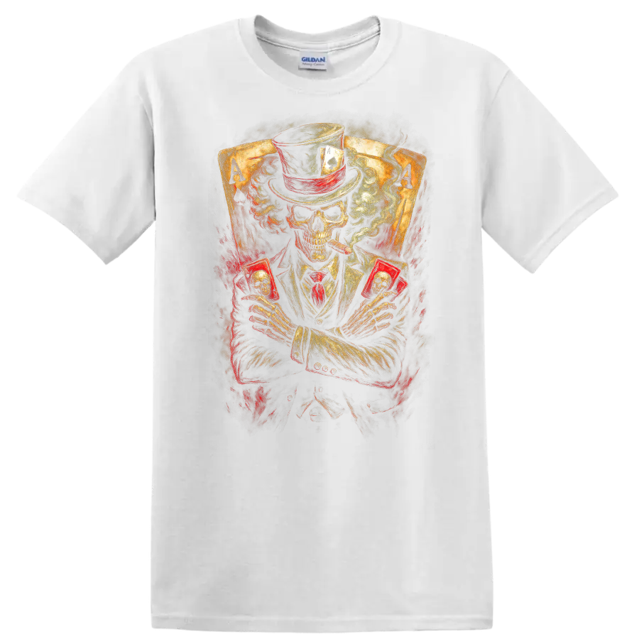 Vintage gothic skeleton poker player in top hat holding skull cards before ace cards on a White T Shirt