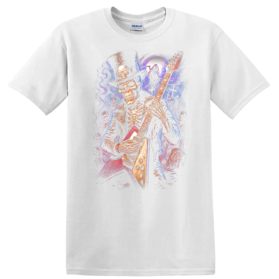Top-hatted skeleton guitarist in vivid gothic moonlit graveyard art on a White T Shirt