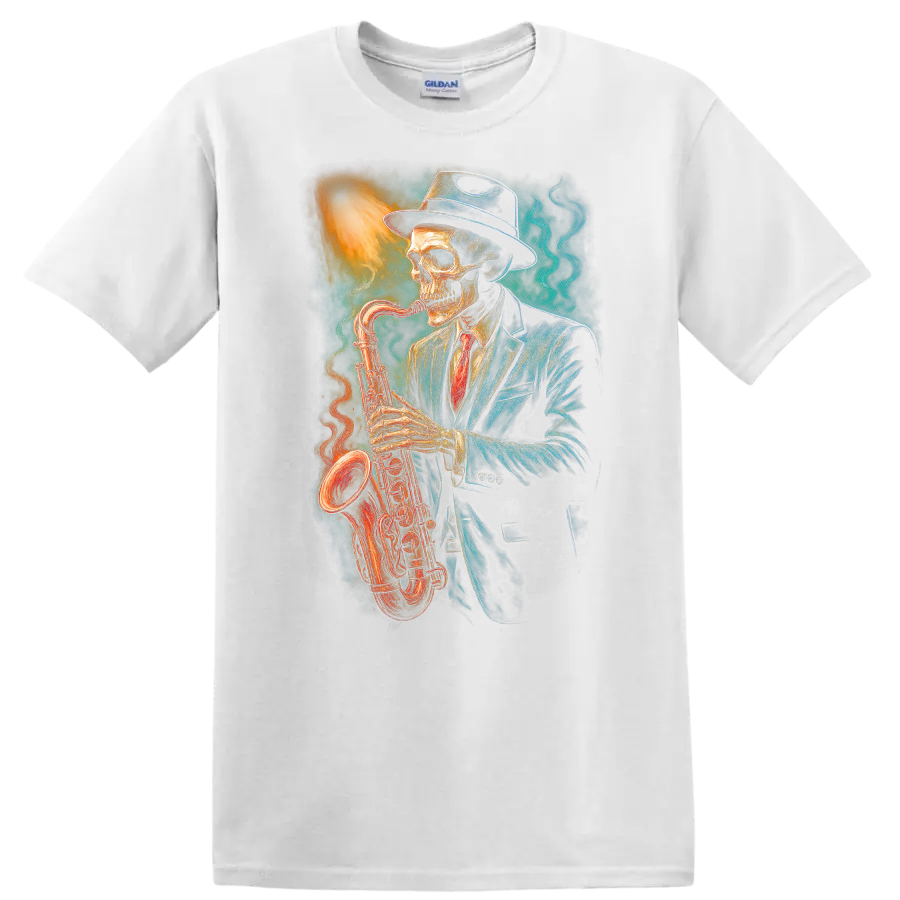 Vintage gothic skeleton in a suit and hat playing a glowing saxophone on a White T Shirt
