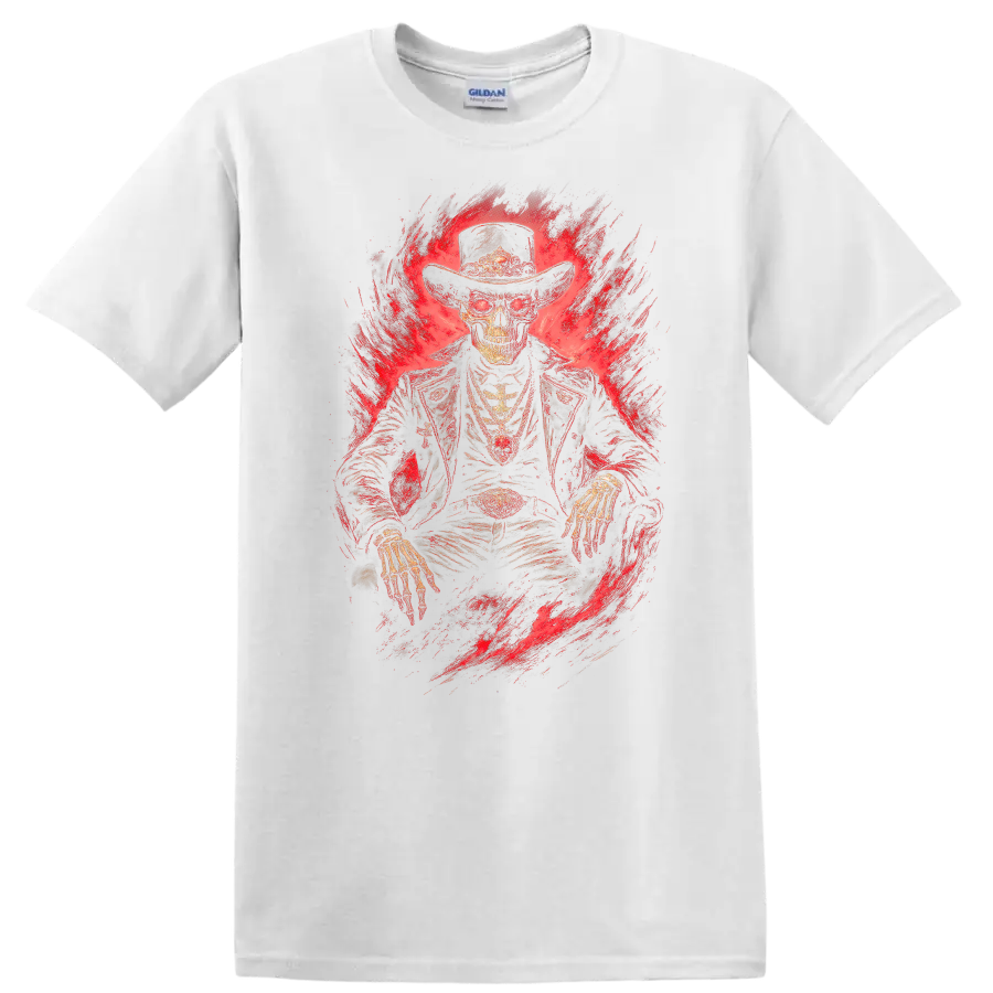 Skeleton cowboy in a wide-brim hat with fiery red gothic horror artwork on a White T Shirt